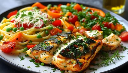 Canvas Print - Savoring a nutritious feast of grilled fish accompanied by pasta and colorful vegetables