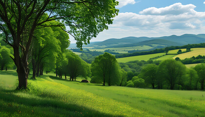 Canvas Print - landscape with green grass and trees