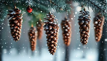 Wall Mural - Pinecones Decorated in the Forest for a Winter Mood