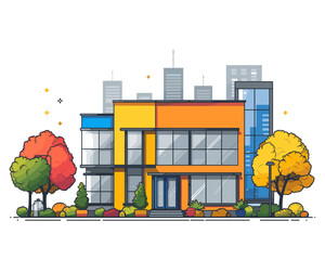 Wall Mural - Modern apartment building with trees and bushes. Vector illustration in cartoon style.