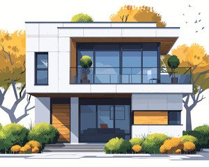 Wall Mural - Modern apartment building with trees and bushes. Vector illustration in cartoon style.