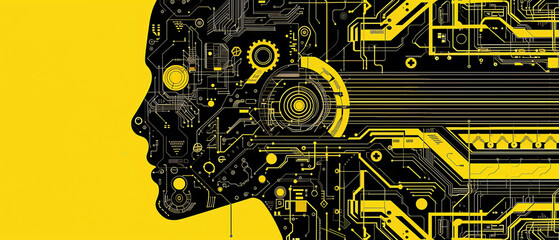 Wall Mural - abstract technological profile with circuit board design and yellow background representing artifici