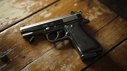 Classic Handgun on Rustic Wood Table