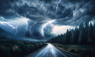 Wall Mural - thunderstorm in forest landscape by road
