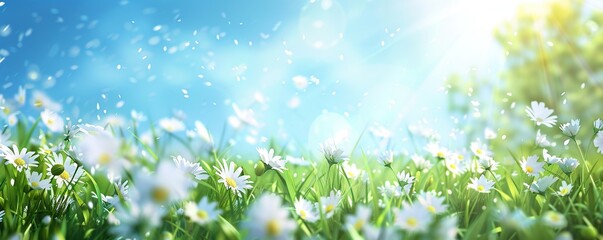 Sticker - In the forest, blue wildflowers are blooming on green grass under sunlight