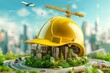 © AlirezA - A large yellow hard hat symbolizes construction and sustainability amidst a vibrant urban landscape with greenery and cranes