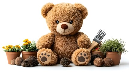 a teddy bear with gardening tools

