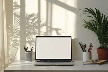 A laptop with a blank screen on a minimalist desk, surrounded by shadows from sunlight through a window, potted plants, and writing utensils, creating a serene and natural workspace