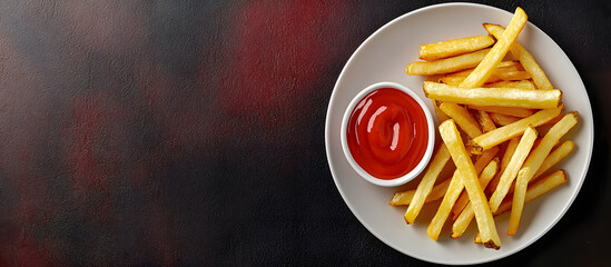 Sticker - Top down view of homemade American French fries with ketchup on a plate with ample copy space image