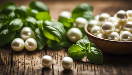 Wall Mural - Healthy Raw Organic Mozzarella Pearls with Basil
