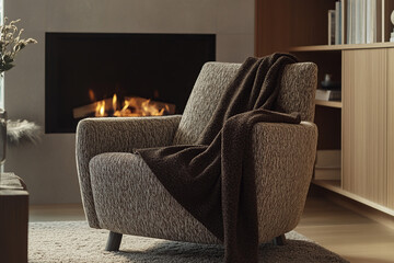 Wall Mural - A comfortable fabric armchair with legs, placed in front of an electric fireplace and next to built-in cabinets. The soft brown fluffy blanket covers the chair, creating a cozy atmosphere.