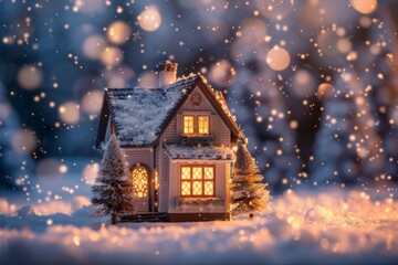 A miniature house with warm lights in a snowy winter landscape creates a serene, magical wonderland. Falling snow adds charm to this cozy holiday scene, bringing enchantment to the evening