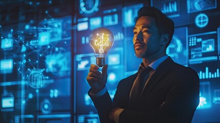 Businessman Holding Lightbulb with Digital Graphics Background