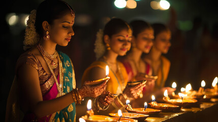 Indian women light candles during diwali festival