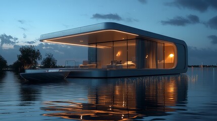 Sleek futuristic cube home with metallic silver walls, illuminated with vivid LED edge lighting, floating above a glassy water surface at night