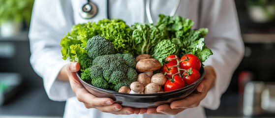 A doctor holds a bowl of vegetables, including broccoli, mushrooms, and tomatoes. Concept of health and wellness, as the doctor is promoting the importance of a balanced diet