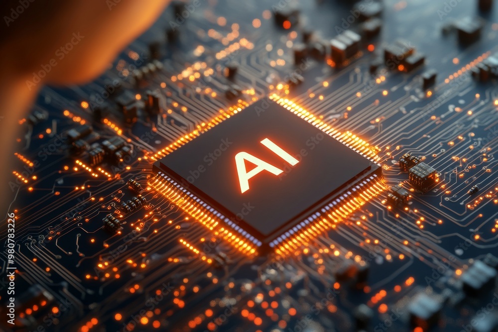 Close up of a glowing AI microchip on a circuit board symbolizing the ...