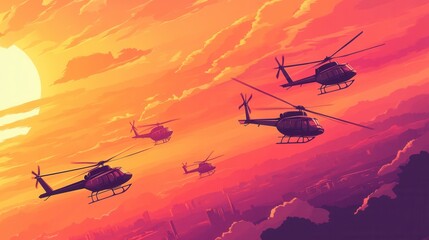 Wall Mural - Helicopters Flying Against a Sunset Sky