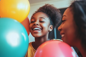 A joyful moment between a girl and her mother, surrounded by colorful balloons, celebrating happiness and togetherness.