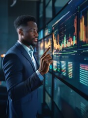 Poster - A businessman in a suit looks at data displayed on a large screen.