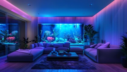 Poster - Futuristic living room with neon holographic displays, sleek furniture, neon blue and purple lighting, 3D render