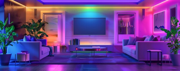 Wall Mural - Spacious living room with neon geometric patterns on walls, advanced smart home devices, purple and green neon lights, illustration