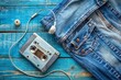 © Sirinporn - A nostalgic retro scene featuring a portable cassette player with earbuds draped over a denim jacket on a