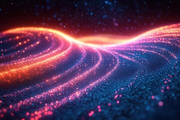 Wall Mural - abstract digital landscape of flowing neon pink and blue light trails creating sense of speed and connectivity against dark background with glowing particles