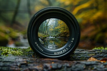 A tranquil forest scene framed through a camera lens with flowing water and autumn foliage in the background during early morning light