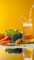 Wall Mural - liquid splashing, vegetables in a cluster against a isolated yellow-orange background with floor reflections and liquid