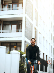 Canvas Print - Man, employee and happy on portrait with bicycle in city sidewalk for transportation and commute in Italy. Male person, outdoor and smile on bike for cartoon footprint, eco friendly and environment