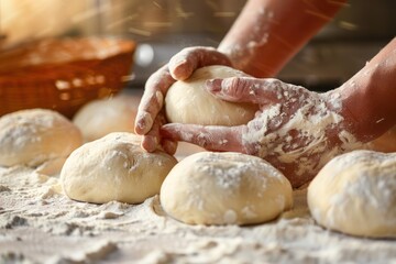 Hands Kneading Dough on Floured Surface: Artisanal Baking Process in Rustic Kitchen Setting