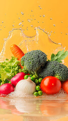 Wall Mural - liquid splashing, vegetables in a cluster against a isolated yellow-orange background with floor reflections and liquid