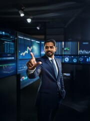 Aufkleber - A businessman in a suit stands in front of large screens displaying graphs and data, gesturing towards the screen with his index finger.