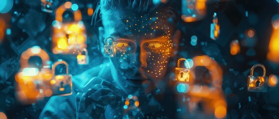 A futuristic portrait of a person surrounded by glowing locks, symbolizing security and digital protection in a vibrant color scheme.