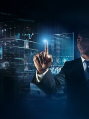 Leinwandbilder - A businessman in a suit, smiles as he interacts with digital data displayed on a futuristic screen.