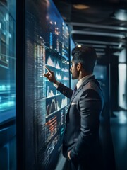Aufkleber - A man in a suit analyzes data displayed on a large screen filled with graphs and charts.