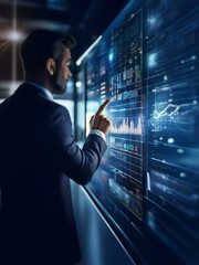 Leinwandbilder - A businessman in a suit interacts with a large screen displaying data and charts.
