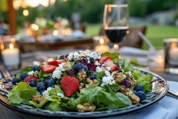 A fresh salad featuring mixed greens, strawberries, blueberries, walnuts, and feta cheese served on a rustic plate,