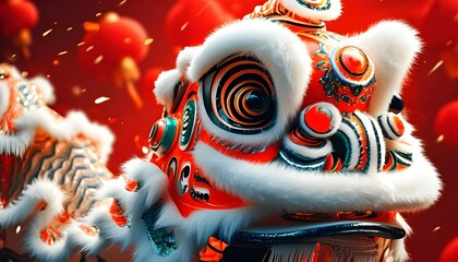 Canvas Print - Vibrant New Year Celebration with Lion Dance Culture on Striking Red Background