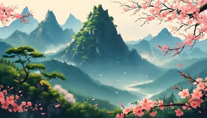 Wall Mural - Spring mountain peaks and lush trees illustration for Qingming Festival youth travel poster