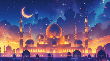 Crescent moon and stars above mosque at night