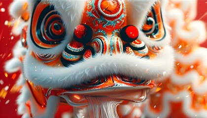 Canvas Print - Vibrant New Year Celebration with Lion Dance Culture on Striking Red Background