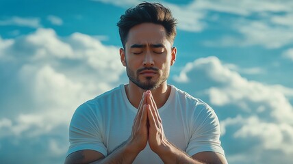 a young man praying in front of a beach.