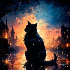 Black cat sitting on the street at night painting with paints. Illustration of a lonely street black cat against the background of a night city print illustration. Halloween, black cat. Kitten print