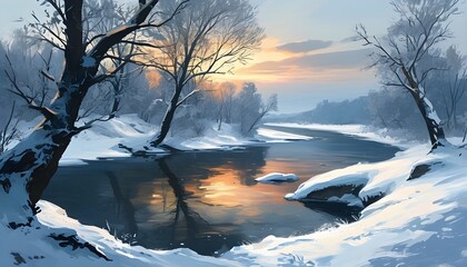 Serene winter river scene with snow-laden trees in a beautiful digital painting representation