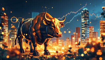 Wall Mural - Golden Bull Symbolizing Financial Growth in Bull Market Investment Strategies and Stock Market Surge