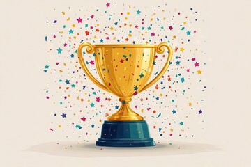 cartoonstyle golden trophy with playful star confetti vibrant colors and exaggerated proportions create sense of joy and accomplishment white background emphasizes celebratory mood