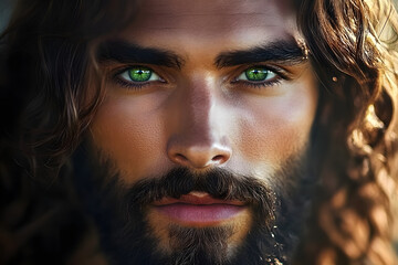 The image shows Jesus Christ looking at the camera with green eyes, a beard, and wavy hair in daylight.