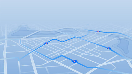 Wall Mural - Highlighted routes with multiple alternatives on isometric city map for projects related to guides, routes, and route planning. Vector illustration of a city map with blue background.